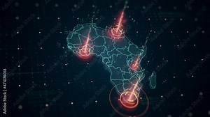 High-tech digital Africa map with animated visual HUD elements , futuristic grid, lines, glowing circles and random coding. Motion video is great for visualization and promotion of Hi-tech projects.