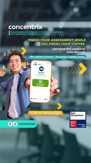 Protect your peace this weekend. Zero traffic = zero stress Your dream career is literally a message away. Skip the commute and apply anytime, anywhere with iRecruit. Start your Concentrix era in 3 easy steps: 1. Open Messenger. 2. Search Concentrix. 3. Type APPLY. Like and follow us on Facebook and TikTok @ConcentrixPH #GameChangingCareer #ConcentrixPH #LifeatConcentrix #GreatPlacetoWork #Hiring #Jobs | Concentrix