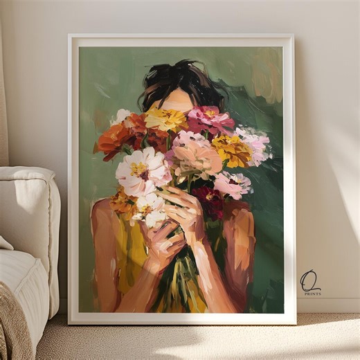 Floral Woman Wall Art | Modern Feminine Portrait Print | Colorful Botanical Painting | Contemporary Flower Crown Artwork - Etsy