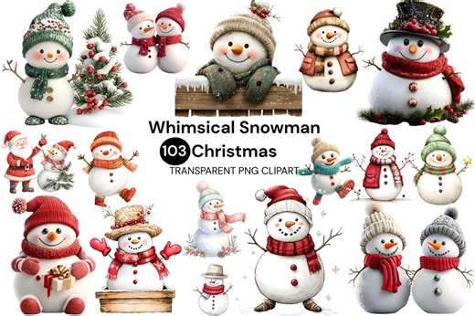 Whimsical Snowman Christmas Clipart Bundle Watercolor Winter Snowmen PNG Digital Download - Etsy UK