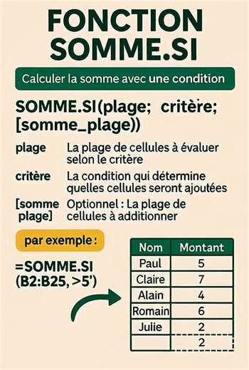 2K views | Astuces Excel La fonction SOMME.SI sur Excel permet de...