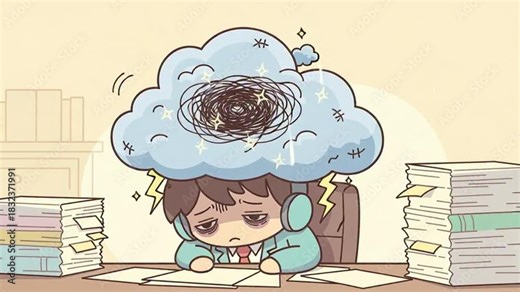 Stressed worker overloaded with work and fatigue, animation shows mental health challenges and burnout