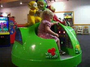 Salem on the Teletubbies ride at Chuck E. Cheese's