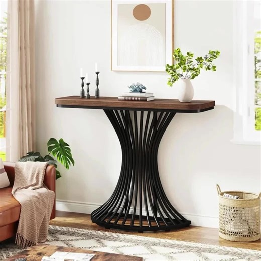 39" Industrial Console Table with Geometric Metal Base, Rustic Wood Entryway Desk