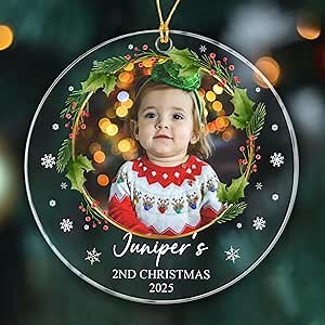 Personalized Picture Frame Baby's Second Christmas Ornament 2026, Baby's 2nd Xmas Ornaments Gift for Son Daughter, Add Photo Baby 2nd Xmas Ornament, Custom Date/Name Baby 2nd Christmas Ornaments