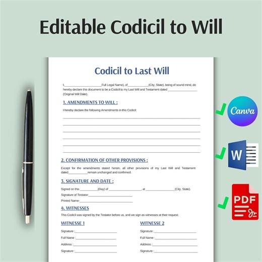 Editable Codicil to Will Template, Canva, PDF (instant Download) - Etsy UK