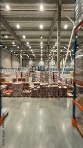 Time-lapse view inside warehouse. FPV flight between rows of shelves with delivery goods. Plenty of cardboard boxes on industrial racks. Logistic center. Stock Video