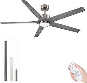 60" Solid Wood Ceiling Fan with Light, Outdoor, 5 Blades, High-End, Nickel Gray, for Patio Living Room Bedroom Porch Farmhouse, Remote Control, Quiet Reversible DC Motor