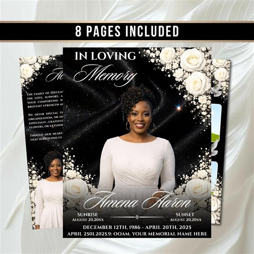 Black & White Roses Funeral Programm Vorlage: 8-seitiges Trauerbild (Canva PDF) - Etsy.de