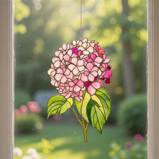Pink Hydrangea Suncatcher Acrylic Window Hanging, Flower Stained Glass Look Decor, Floral Sun Catcher Ornament, Mother's Day Gift - Etsy