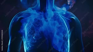A holographic simulation of the effects of chronic obstructive pulmonary disease COPD on the lungs showcasing the narrowing of airways and difficulty breathing.