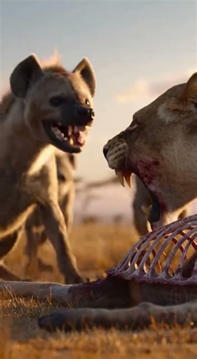 Hyena Pack Clashes With Lone Lioness Over Kill | Brutal Savanna Showdown 🦁🔥 #animalshorts #wildlife