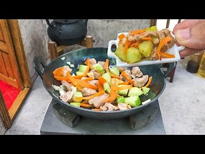 Miniature Simple One Pan Pork And Cucumber Carrot Stir-Fry Recipe | ASMR Mini Food