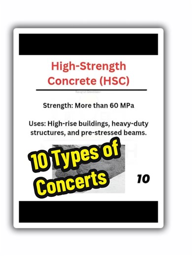 **🚀 ALL Types of Concrete Explained! 🏗️ #Construction #Engineering** Did you know there are **SO MANY** types of concrete? Each one has a special purpose! Here’s the FULL list: 🔹 **Plain Cement Concrete (PCC)** – Basic mix for sidewalks & foundations. 🔹 **Reinforced Cement Concrete (RCC)** – Steel bars inside for skyscrapers & bridges! 🔹 **Precast Concrete** – Factory-made for fast construction (walls, beams, panels). 🔹 **Prestressed Concrete** – Pre-loaded for heavy-duty structures (bridg