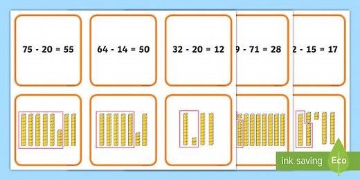Subtracting Two 2-Digit Numbers Dienes Matching Cards