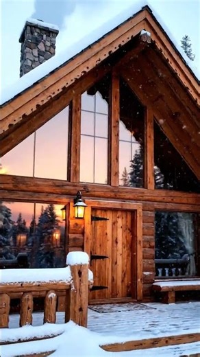 Cozy Log Cabin in Snowy Winter Forest with Sunset Reflection
