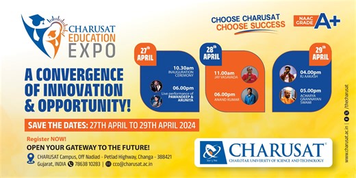 Calling all curious minds! The CHARUSAT Education Expo is BACK and BIGGER than ever! 3 days of learning, exploring, and FUN! Don't miss out - check out the reel for a sneak peek! See you there! Register Now: https://tinyurl.com/charusateducationexpo2024 Tag a friend who needs to join the fun! #charusat #charusatuniversity #education #university #trending #studentlife #universitylife #collegelife #studyabroad #campus #college #universitystudent #academics #events #classrooms #education #pawandeep