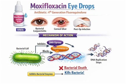 Moxifloxacin eye drop is an antibiotic ophthalmic solution 👁️💧 Definition (exam-friendly) Moxifloxacin eye drop is a fluoroquinolone antibiotic used to treat bacterial eye infections. Drug class ➡️ Fourth-generation fluoroquinolone Uses Bacterial conjunctivitis Bacterial keratitis Post-operative eye infection prevention Corneal ulcers (as prescribed) Mechanism of action Moxifloxacin inhibits bacterial DNA gyrase and topoisomerase IV, → stops bacterial DNA replication → kills bacteria (bacteric