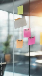 Modern office space with colorful sticky notes on glass walls, fostering a creative and collaborative work environment.