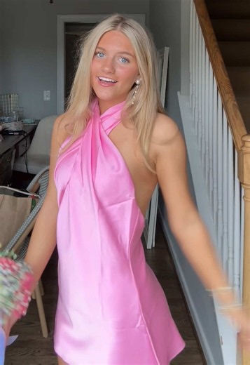 Pretty in pink with glossy satin, a flirty open back, and the cutest party-girl energy 💗 #pinkminidress #satindress #homecomingdress #birthdayoutfit #partystyle