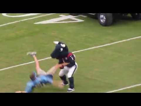 Texans mascot Toro whipping the Titan fan