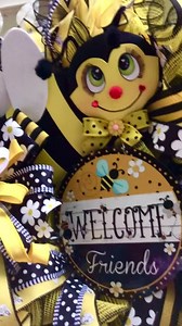 Bumblebee Summer Wreath: Yellow Black Floral Decor With 'welcome Friends' Sign - Etsy