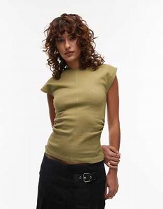 Topshop cinch waist structured top in light khaki | ASOS
