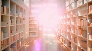 Minimalist library with white bookshelves filled with colorful books, lit by sunlight through large windows, A minimalist library with sleek shelves and natural lighting