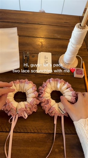 Packing Handmade Embroidery Lace Scrunchies Together