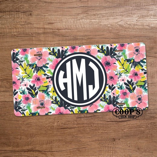 Brushstroke Blossoms Monogram License Plate - Personalized Car Tag - Vanity Plate - Pretty Vehicle Accessories - Etsy