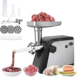 Electric Meat Grinder and Sausage Stuffer Maker for Chicken Bones,Ground Beef Machine 110V 3 IN 1 Food Meat Mincer with 3 Cutting Plates,Sausage Tube & Kubbe Kit for Home Kitchen Use
