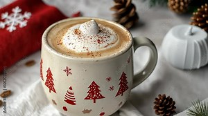 A mug with a tree design on it is filled with a creamy beverage