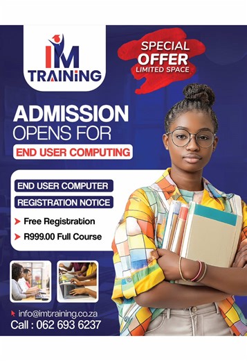 HUGE SPECIAL ANNOUNCEMENT END USER COMPUTING - ADMISSIONS OPEN !! LIMITED-TIME HUGE SPECIAL !! FREE REGISTRATION FULL COURSE ONLY R999 This is your chance to gain essential computer skills at an unbeatable price. LIMITED SPACE AVAILABLE - FIRST COME, FIRST SERVED! WhatsApp: 0626936237 • Grab this HUGE special before it's gone! @IM TRAINING CENTRE | #course #given22 #viral #fyppppppppppppppppppppppp #trend
