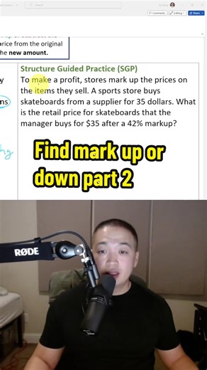 Finding the mark up or down using the percentage and original amount from a word problem (part 2) #math7 #middleschool #mathteacher #percentage #markup #markdown #amount