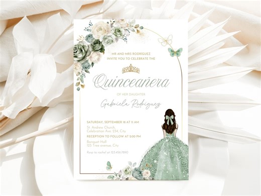 Quinceañera Invitation Sage Green Floral Butterfly, Mis Quince Digital Invite, Canva Template - Etsy