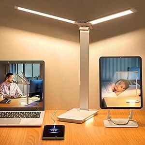 LED Desk Lamp, Adjustable Foldable Table Lamp for Home Office with USB Charging Port, 5 Color Modes, 3 Night Lights, Dual Swing Arm Touch Control Desk Light for Reading / Work / Study / Craft (Sliver)