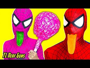 SpiderMan, Pink SpiderGirl & Elsa GUMMY JOKER TONGUE GIANT CHUPPA CHUPS | Superhero War