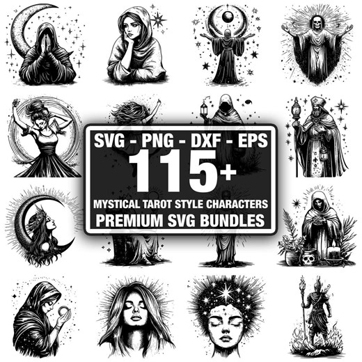 110  Mystical Tarot Characters Bundle, Tarot Fantasy Figures, Instant Download Png, Dxf, Eps, Svg - Etsy