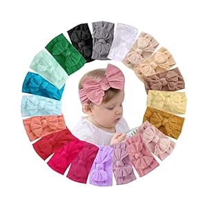 Baby Girls' Headband Set, 40 Pieces Stretchy Nylon with Bows, Lightweight & Soft, for Newborn to Toddler