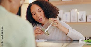 Woman, glass or container with cannabis business or startup, inspection or quality control for sale. Female entrepreneur, bottle and weed with check on hemp for order, cbd or stock for customer