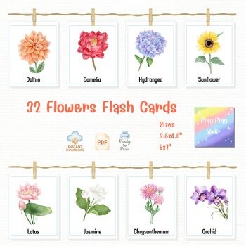 Watercolor Flower Flash Cards – 32 Botanical Prints for Kids & Classrooms (PDF)