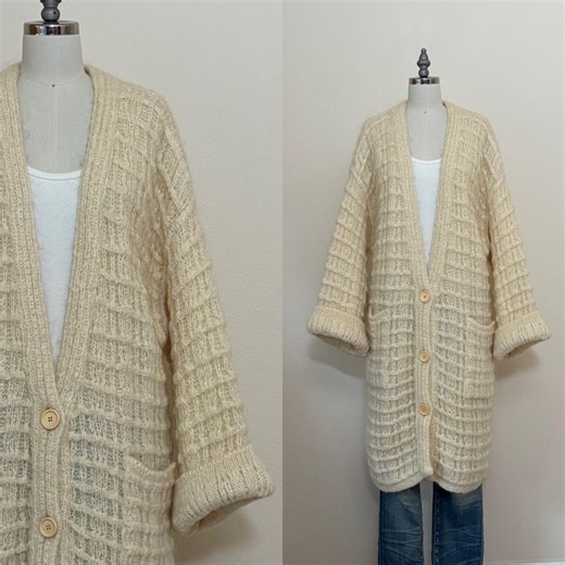 Vintage 80s Sweater Coat, 1980s Fluffy Cream Textured Oversized Mohair Wool Cardigan Duster