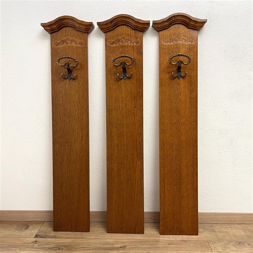 Set of 3 Vintage Carved Oak Coat Racks With Brass Hooks - Etsy