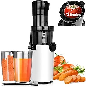 Cold Press Juicer Machine, Compact Slow Masticating Juicer w/ 3.1" Wide Feed Chute, Slow Juicer Extractor for Fruit and Vegetable, Easy Clean Slow Juicer Cold Press Home Use w/Brush & Cups