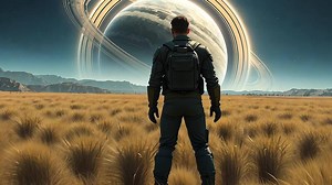 Download Explorer on Alien Planet Facing Massive Ringed Planet. A lone explorer in futuristic gear stands in a golden field, gazing at a massive ringed planet dominating the sky. for free