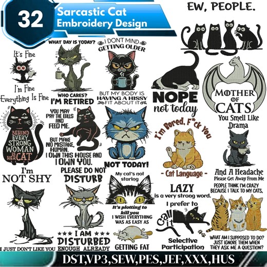 Sarcastic Cat Embroidery Design Bundle Funny Grumpy Cat Quotes Pack 32 Designs Snarky Humor Meme Mental Health Machine Embroidery Files - Etsy