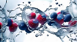 Red summer fruits splashing in water organic and healthy refreshing and vibrant. Concept Red Fruits, Summer Refreshment, Healthy Lifestyle, Splash Photography, Colorful Vitamin Boost