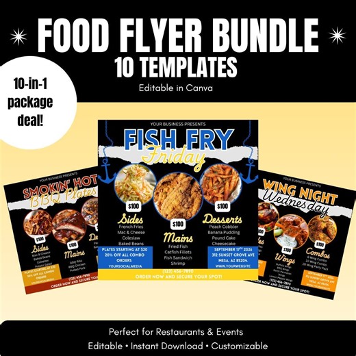 Food Flyer Bundle, 10 Editable Restaurant Flyers, Dinner Menu Templates, BBQ Fish Fry Taco Flyer Bundle, Canva Templates - Etsy