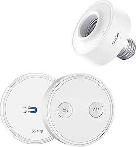 LoraTap Wireless Remote Control E26 Light Socket with Remote, 915MHz 656ft Range On Off Remote Controller for LED Bulbs and Light Fixtures 30W Max., White (Light Switch + LED Lamp Holder)