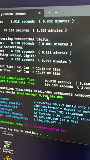 Wish I could do 10B digits of Pi but that requires 45GB of available ram and I only have 32GB 7200 so I was stuck with 5B digits, interesting fact Y-cruncher pulls more power from CPU than Cinebench R23 🤔 #overclock #watercooled #directdie #ddr5